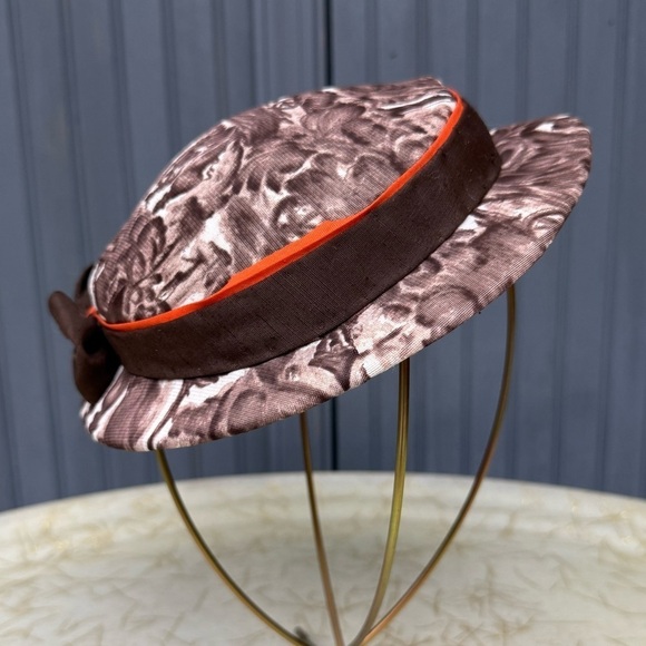 Vintage Cloche-Style Brown Printed Hat with Orange Ribbon and Bow, Medium Fit - Picture 5 of 10